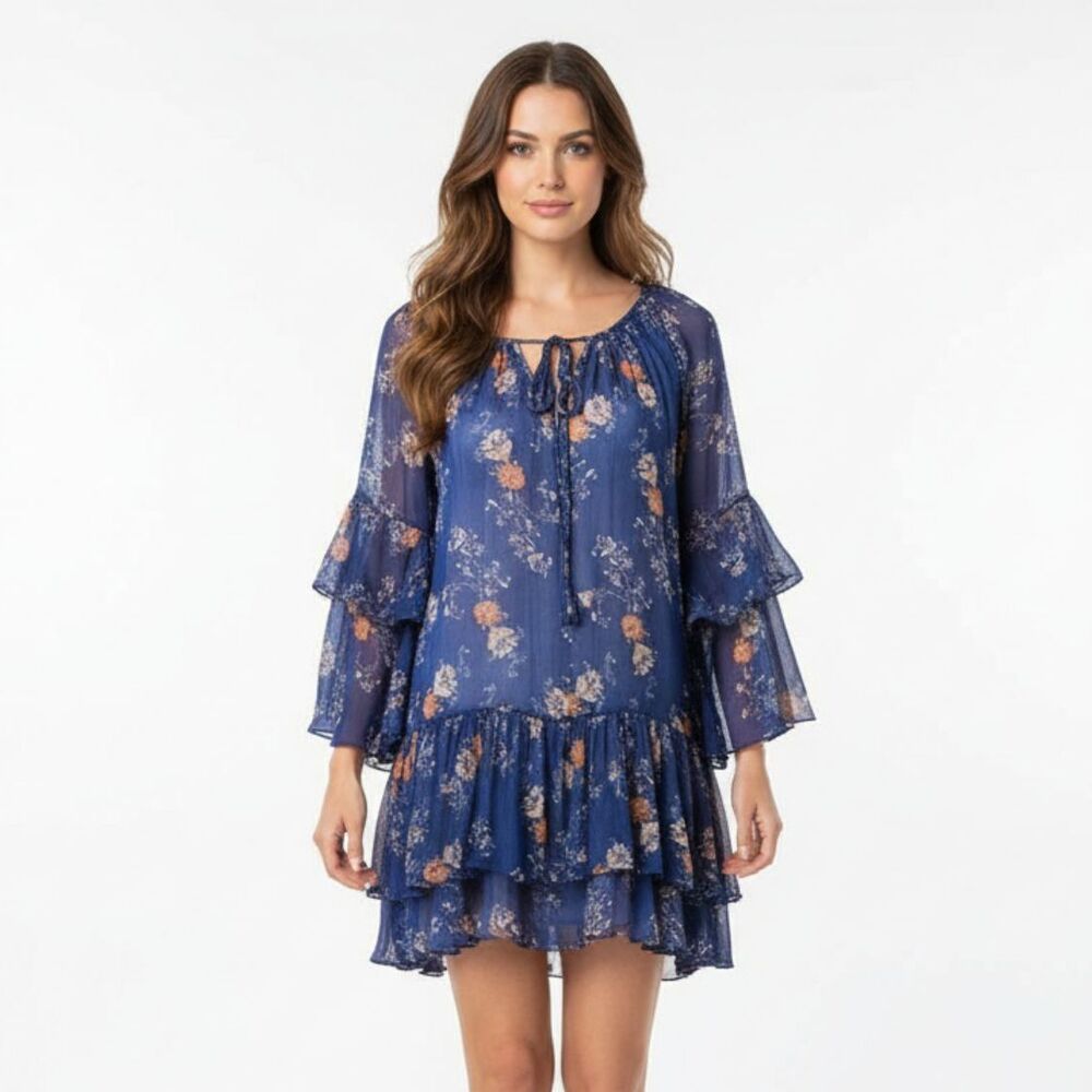 Free People Blue Floral Long Sleeve‎ Semi Sheer Tunic Smock Dress Top XS